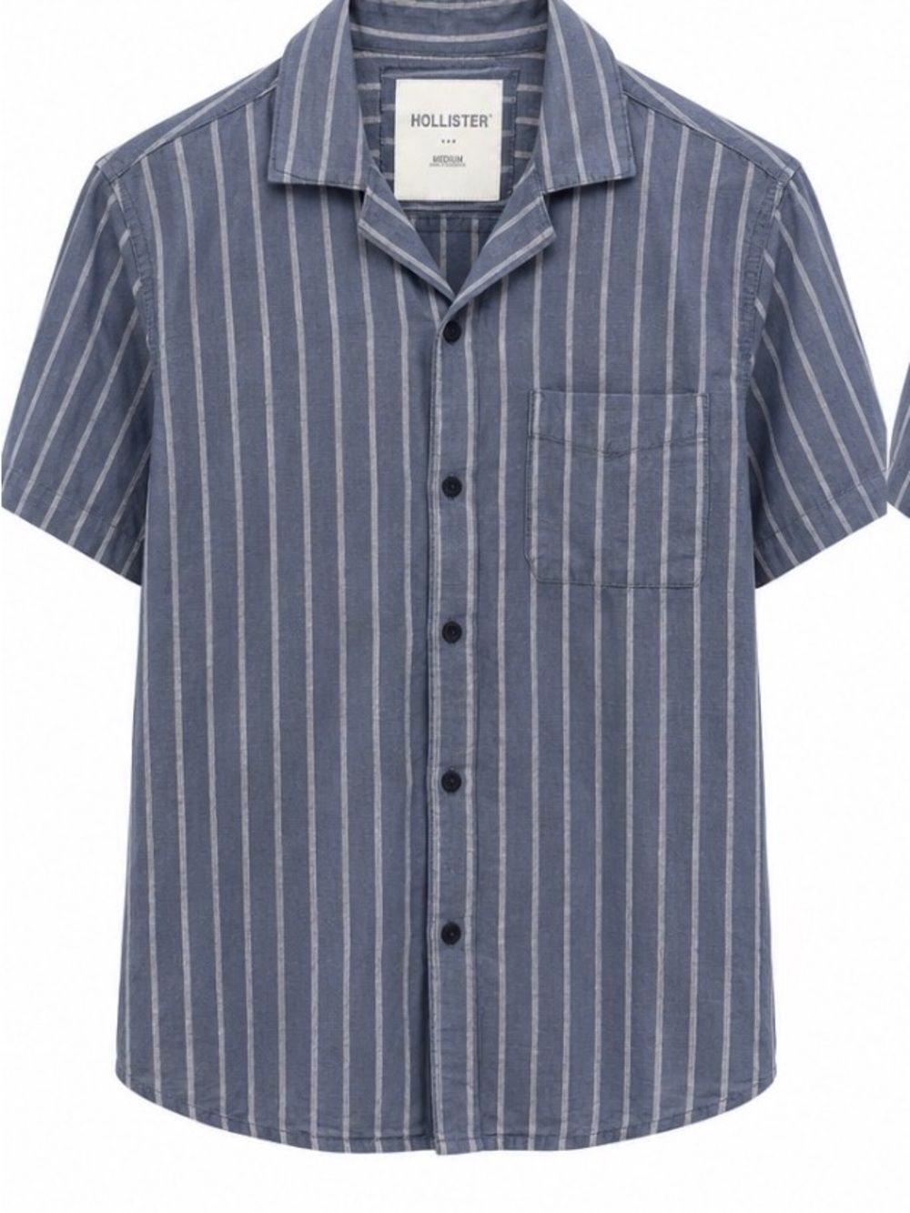 Hollister Men's Navy and White Vertical Stripe Camp-Style Shirt